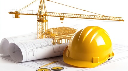 Construction plans and crane, safety helmet, blueprints, workspace