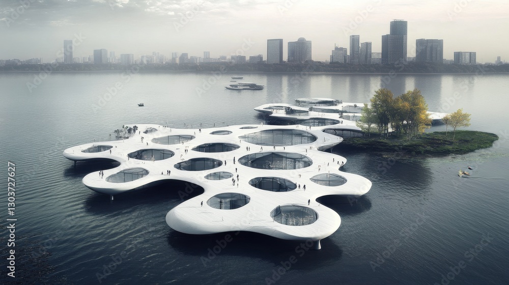 Aufkleber a conceptual vision of a floating city with interconnected pod-like structures surrounded by calm wa