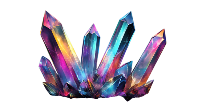 Abstract multicolored crystals with a glowing effect on a dark background. The vibrant colors create a modern and mystical atmosphere. Isolated on transparent background.