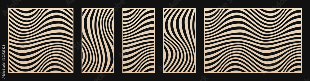 Poster vector set of laser cut panels. stencils with geometric pattern, liquid lines, fluid wavy stripes. t