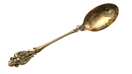 Antique Golden Spoon with Patina Finish showcasing intricate detailing and a luxurious golden hue. Isolated on transparent background.
