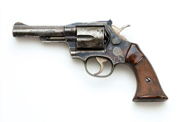 A vintage revolver resting on a clean white surface, showcasing its intricate details and history isolated on transparent background