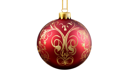 Beautiful red Christmas ornament adorned with an elegant gold design, perfect for adding a touch of sophistication to holiday decorations. Isolated on transparent background.