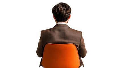 Back view of a man sitting on a vibrant orange chair, dressed in a brown suit, creating a minimalist and modern composition. Isolated on transparent background.