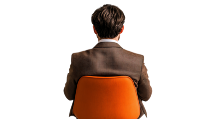 Back view of a man sitting on a vibrant orange chair, dressed in a brown suit, creating a minimalist and modern composition. Isolated on transparent background.