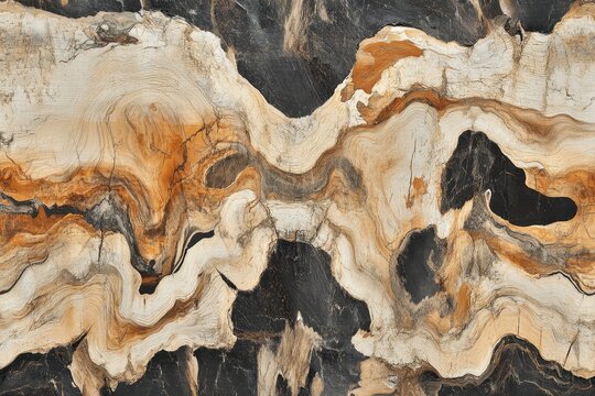 Intricate swirls of petrified wood, showcasing beige, brown, and black tones. Ideal for backgrounds, textures, or design projects needing a natural, organic feel.