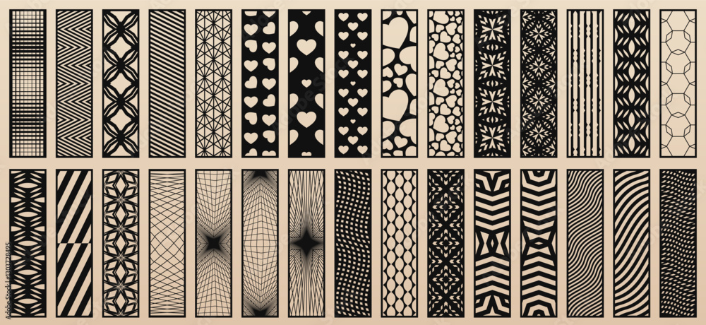 Fototapete Big vector bundle of 30 templates for laser cut. Trendy design set with abstract geometric patterns, modern different geo ornaments. Stencils for CNC cutting of wood, paper, metal. Aspect ratio 1:4