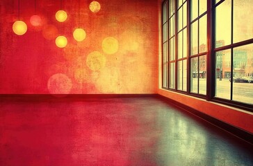 Brightly lit interior space with colorful walls and large windows showcasing urban scenery