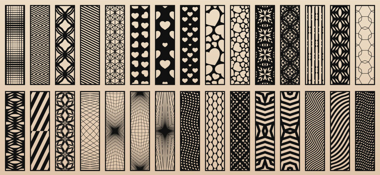 Big vector bundle of 30 templates for laser cut. Trendy design set with abstract geometric patterns, modern different geo ornaments. Stencils for CNC cutting of wood, paper, metal. Aspect ratio 1:4