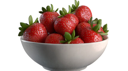 Bowl of fresh strawberries with green stems. The strawberries are ripe and red, perfect for eating or decoration. Isolated on transparent background.