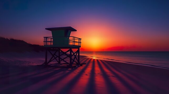 A lifeguard tower silhouetted against the vibrant colors of sunset, casting long shadows over the tranquil beach.