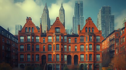 City contrast Old brick houses, modern skyscrapers, autumn