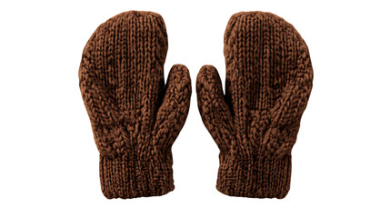 Brown knitted winter mittens made from thick yarn, featuring a cozy and warm design. Ideal for cold weather, these mittens are practical for outdoor use. Isolated on transparent background.