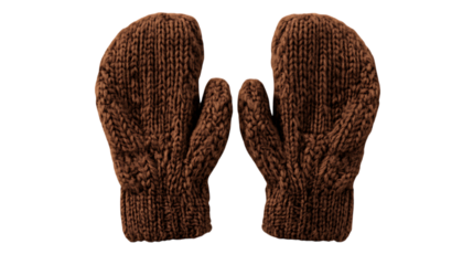 Brown knitted winter mittens made from thick yarn, featuring a cozy and warm design. Ideal for cold weather, these mittens are practical for outdoor use. Isolated on transparent background.