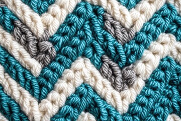 Detailed Close Up of a Multicolored Chevron Crochet Pattern in Teal Gray and Cream