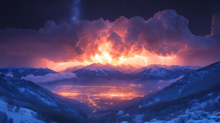 Mountainous Night Lightning Storm Over City