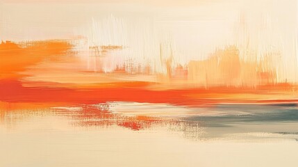 Abstract artwork featuring horizontal brushstrokes of orange and beige