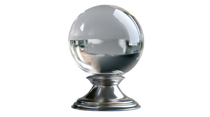 Crystal Ball On Metal Stand with a reflective surface and clear design. Isolated on transparent background.