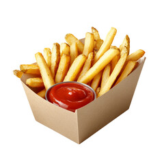 crispy french fries with ketchup on a round basket in a white background
