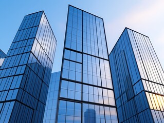 Naklejka premium Modern skyscrapers reflecting the sky at sunset in an urban landscape