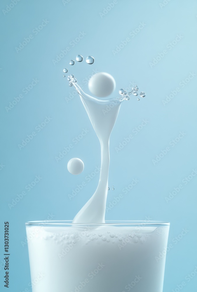 Poster artistic capture of milk splashing in glass against soft blue background with airy droplets and flui