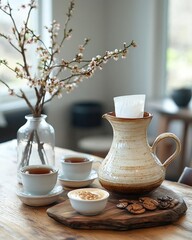Serene tea setting with a ceramic pitcher, cups, and floral arrangement in a cozy caf&eacute;