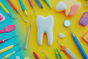 A Colorful dental tools and large tooth model on bright background create cheerful atmosphere for child first dental visit