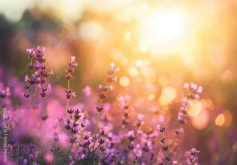 Poster beautiful lavender fields at sunset with soft bokeh lights and vibrant colors creating a tranquil an