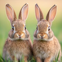 Obraz premium Easter Holiday, Easter Concept, Adorable Pair of Brown Rabbits in Green Grass Close Up Wildlife Photo