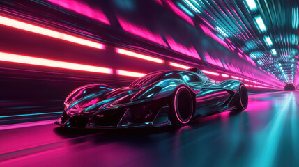 A futuristic car racing through neon lit tunnel, showcasing bold innovation and sleek design