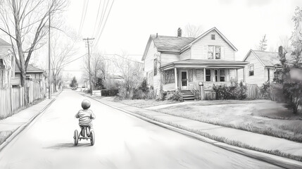 Graphite drawing capturing a child riding a tricycle down a suburban street, joyfully heading towards a charming house. Memory - Old house. Illustration