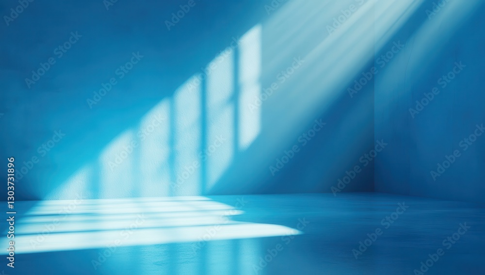 Poster bright blue room with soft light rays creating gentle shadows on the floor and walls for minimalist 