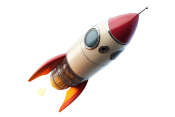 A vintage-style rocket launches into a bright sky, symbolizing adventure and exploration isolated on transparent background