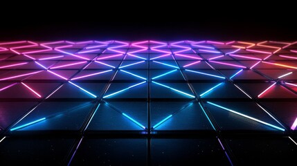 Colorful neon light geometric triangles reflecting in a dark space