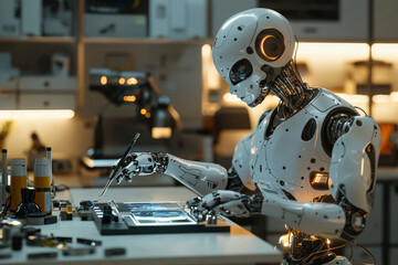 Fototapeta premium A humanoid robot creating technology in minimalist workshop with soft ambient lighting, showcasing innovation and creativity
