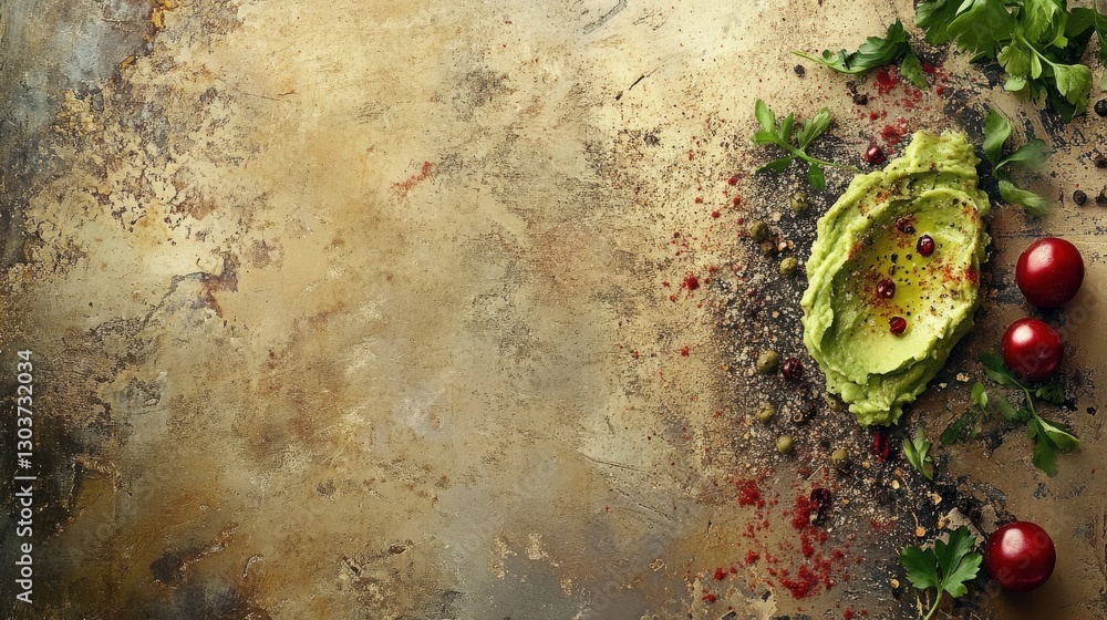 Poster artfully arranged mashed avocado spread on a rustic surface with fresh ingredients and texture, show