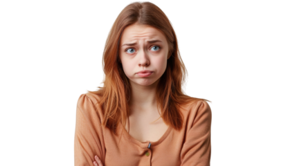 Young girl looking sad and confused, isolated on white