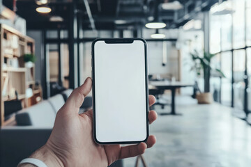 A person holding smartphone with blank screen in modern office, natural lighting creates professional atmosphere