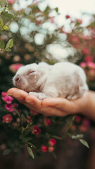 A newborn baby rabbit sleeps peacefully in a person's hand, surrounded by delicate pink flowers in a soft-focus natural setting.