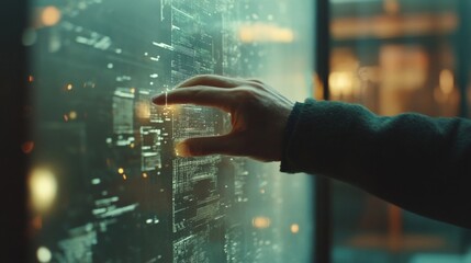 Fototapeta premium Hand interacting with a futuristic transparent display, showcasing dynamic source code and highlighting innovation in software engineering and advanced user interface design
