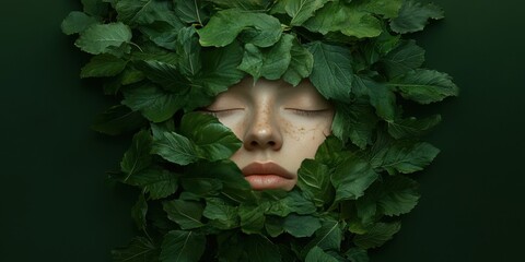 Serene face framed by lush green leaves, nature and tranquility concept. Eco-friendly, sustainable beauty theme.