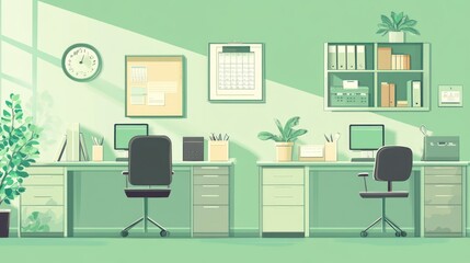 Green Office Interior, Two Desks, Sunlight