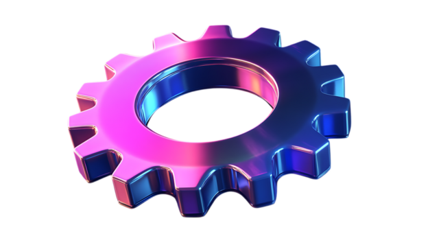 Iridescent 3D Gear Icon in Gradient Colors. Perfect for Settings and Configuration Symbols in Digital Interfaces. Isolated on transparent background.