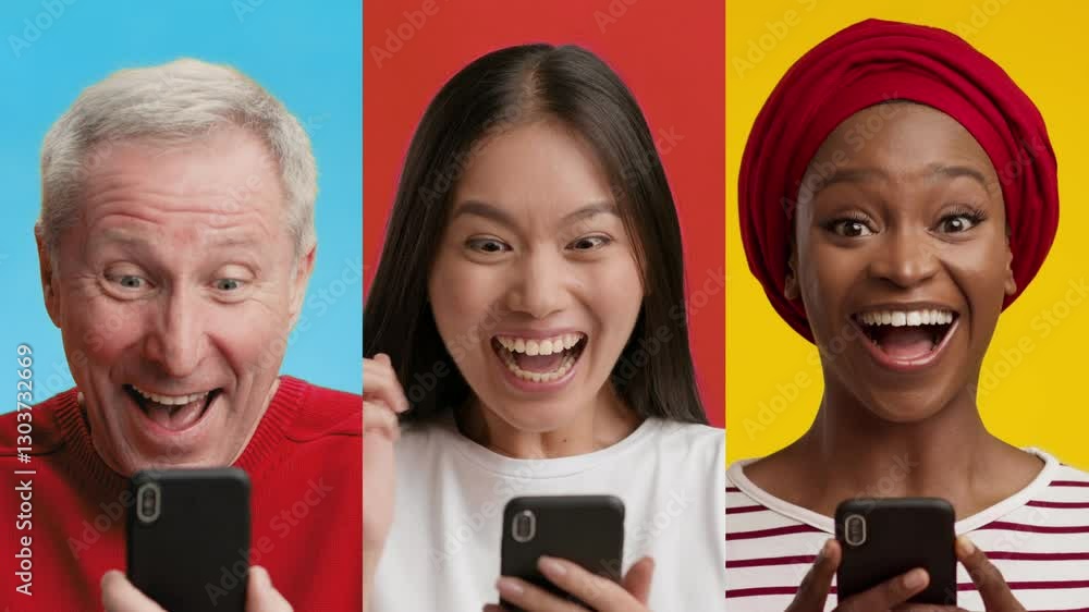 Poster three individuals with diverse backgrounds showcase excitement and surprise as they engage with thei