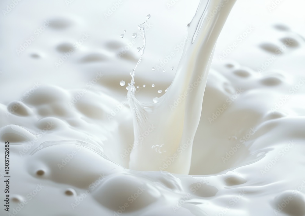 Poster close-up view of milk splashing into a fresh white liquid surface creating ripples and droplets in a