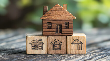 Wooden blocks spell out 'heritage' with house model and icons. Memory - Old house. Illustration