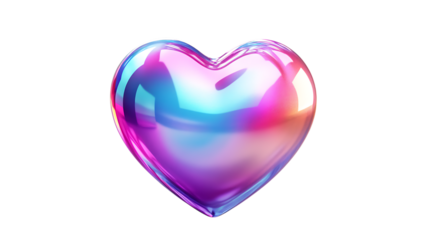 Iridescent gradient heart object with a smooth reflective surface, displaying vibrant hues of pink, blue, and purple. Isolated on transparent background.