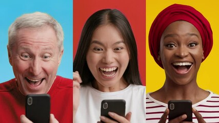 Three individuals with diverse backgrounds showcase excitement and surprise as they engage with their smartphones. The colorful backdrop enhances the lively atmosphere.