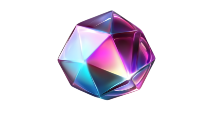 Iridescent gradient polyhedron object with a smooth reflective surface, displaying vibrant hues of pink, blue, and purple. Isolated on transparent background.