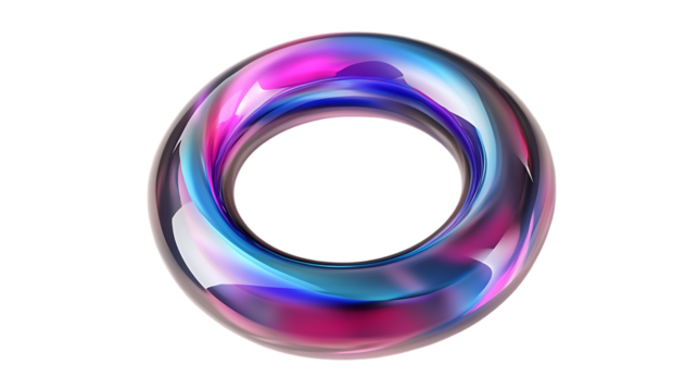 Iridescent 3D ring with a smooth circular form and pastel tones of blue, pink, and purple. The glossy and futuristic design gives a modern abstract feel. Isolated on transparent background. - Powered by Adobe